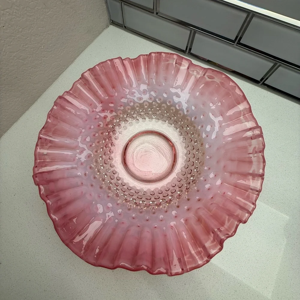 Vintage Bride's Basket Fenton Pink Hobnail Ruffled Bowl with Metal Holder